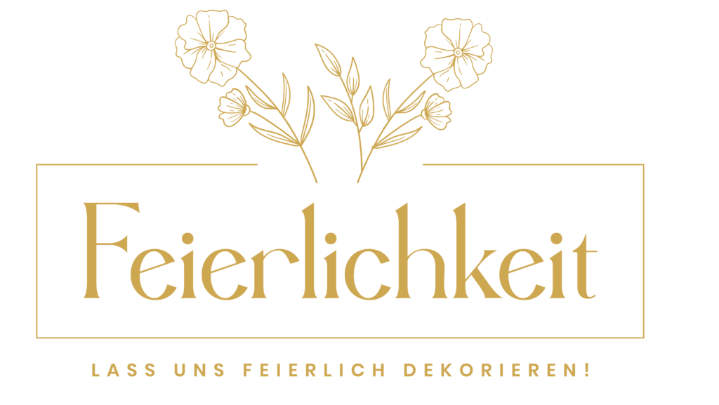 Logo von Feierlichkeit mit goldenem Schriftzug und floralen Illustrationen